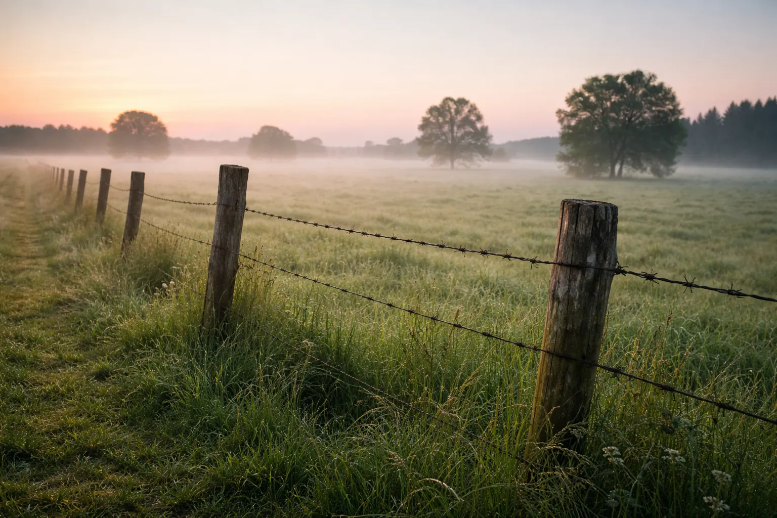 Barbelés d'une frontière rurale au bord d'un champ, au petit matin