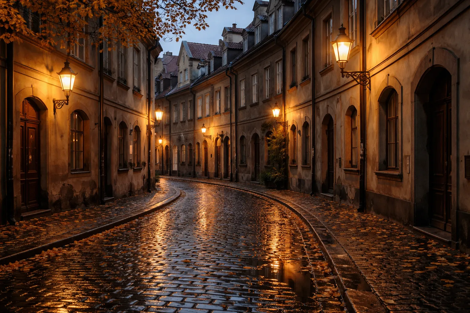 Rue pavée mouillée d'une vieille ville d'Europe centrale, un soir d'automne, lampadaires allumés
