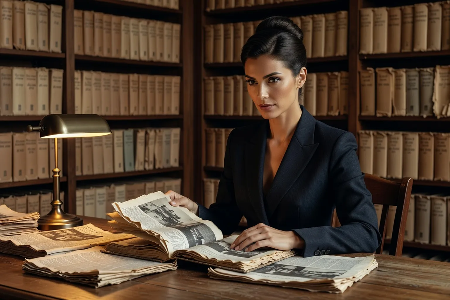 Historienne dans un centre d'archives, feuilletant des photographies et des journaux de 1989