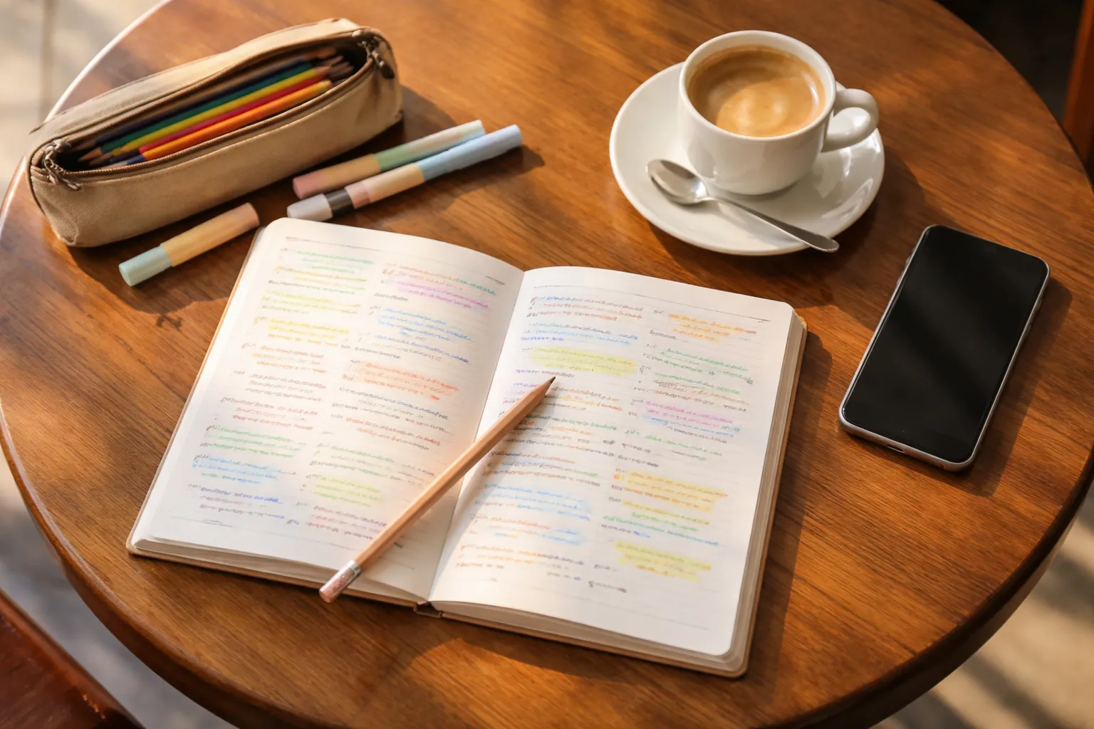 Cahier de notes colorées, trousse, tasse de café et téléphone sur une table de café en bois