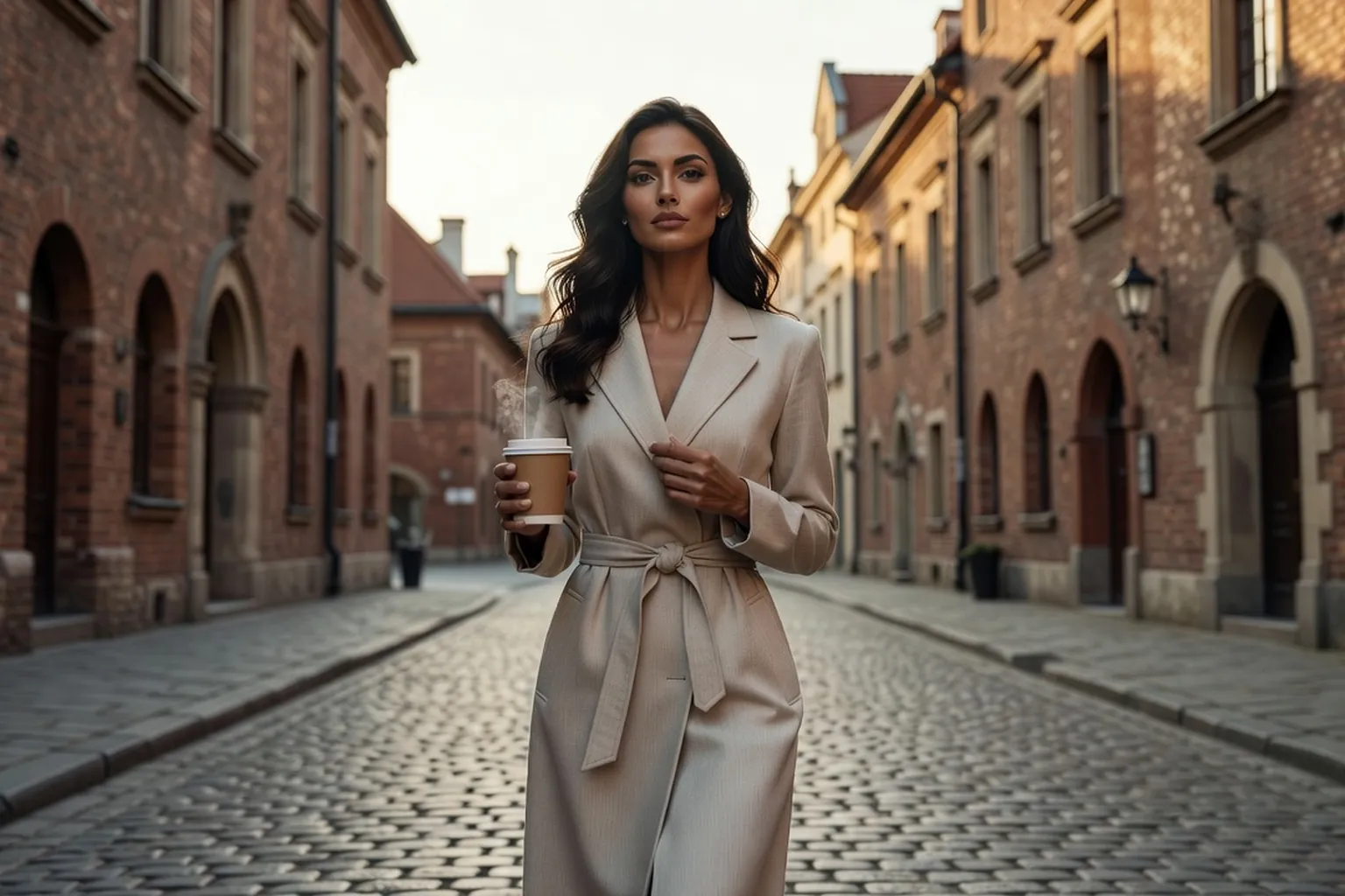 Femme en trench clair marchant avec un café à emporter dans une rue pavée de la vieille ville de Cracovie