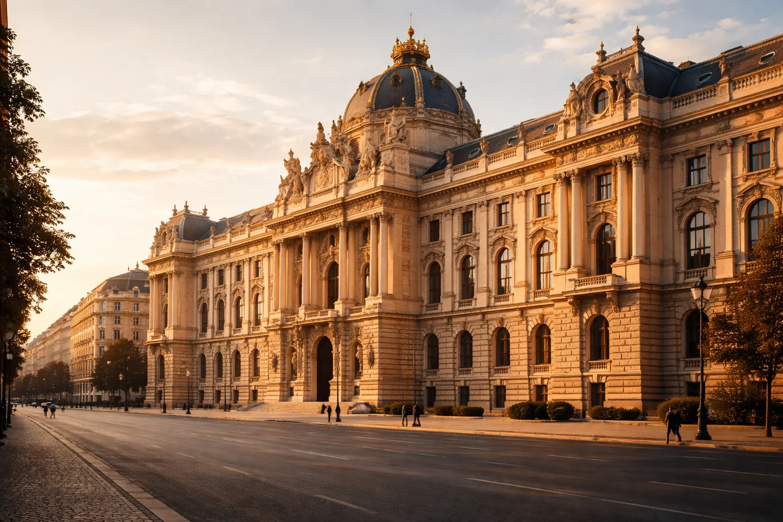Façade néo-baroque d'un grand édifice impérial du XIXe siècle dans une capitale d'Europe centrale au coucher du soleil