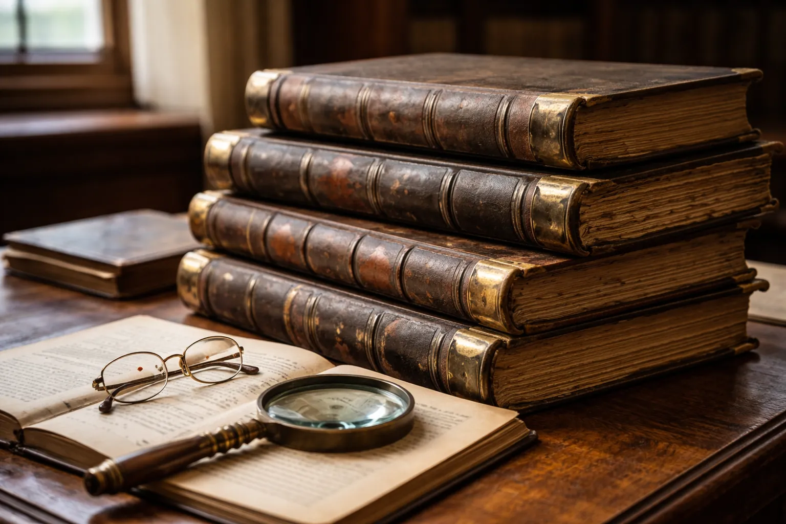 Pile de registres anciens reliés de cuir, avec une loupe et des lunettes, sur une table d'archives