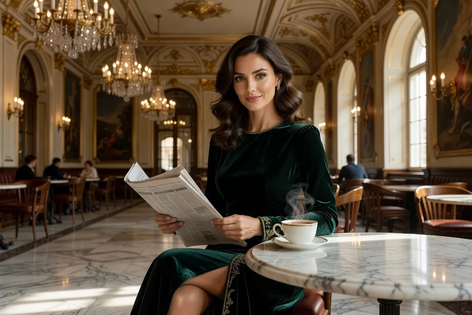 Voyageuse dans un café viennois ancien avec un journal et une carte de l'Europe centrale