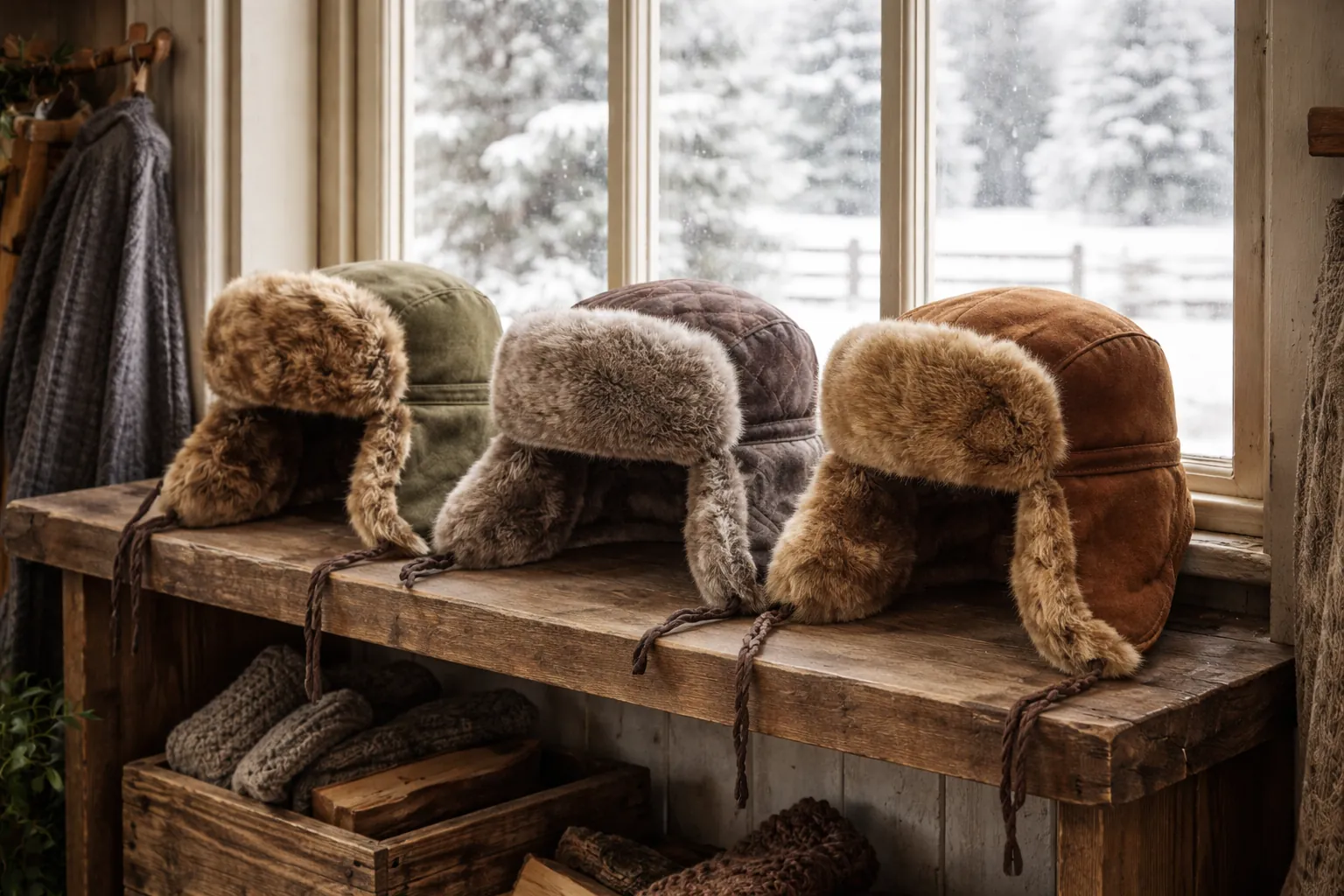 Trois bonnets d'hiver à rabats de formes et de fourrures différentes, posés sur un banc près d'une fenêtre enneigée.
