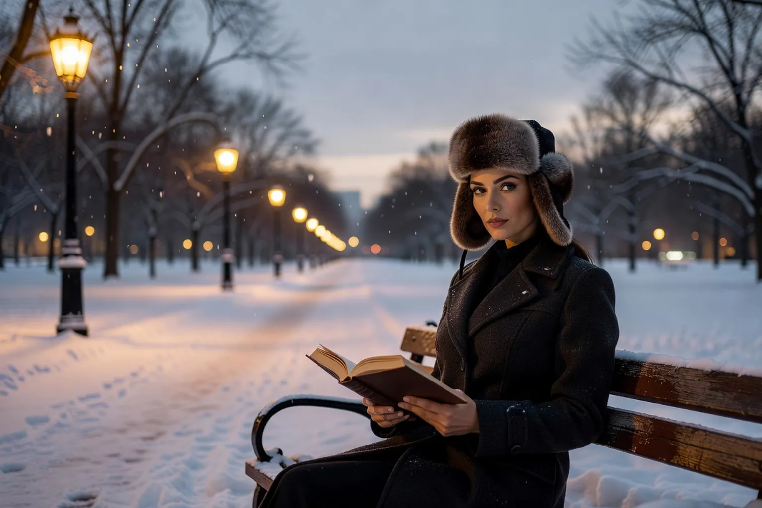 Jeune femme coiffée d'un bonnet de fourrure à rabats, un livre à la main, sur un banc de parc sous la neige.