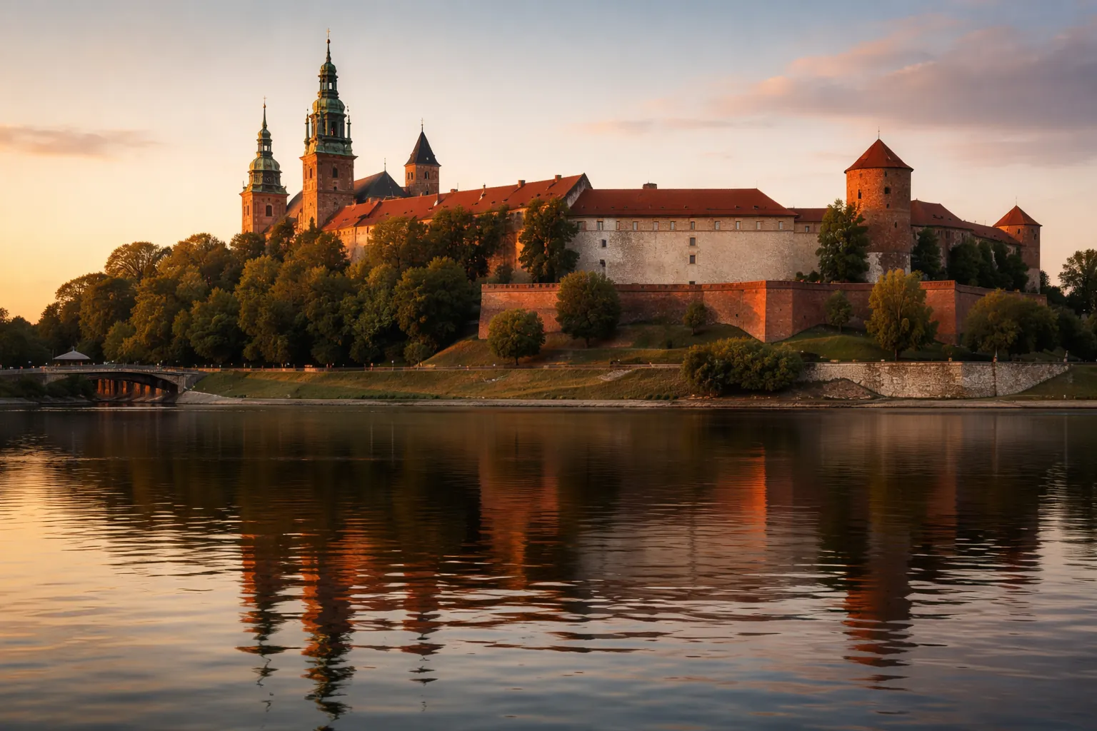 La colline du Wawel à Cracovie au crépuscule, cathédrale et château reflétés dans la Vistule