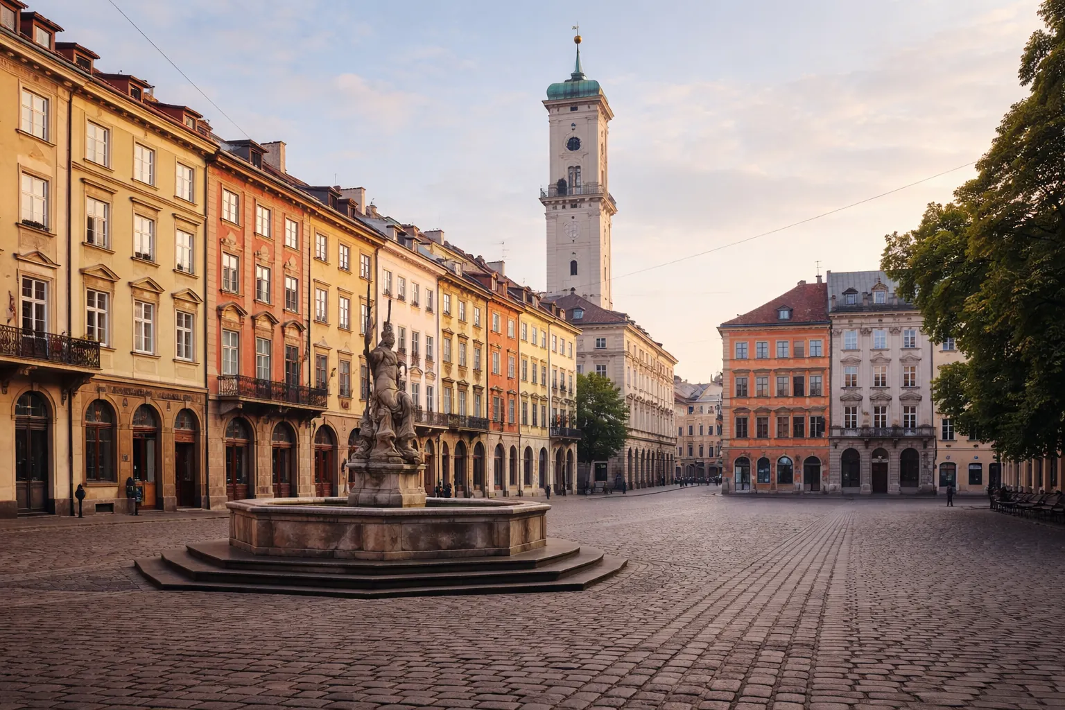 Place du Marché de Lviv avec la tour de l'hôtel de ville, façades colorées et fontaine en pierre