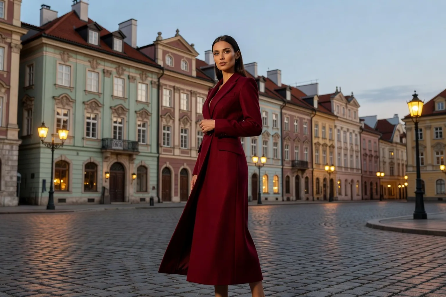 Jeune femme élégante sur une place pavée d'une vieille ville d'Europe centrale, façades baroques colorées derrière elle