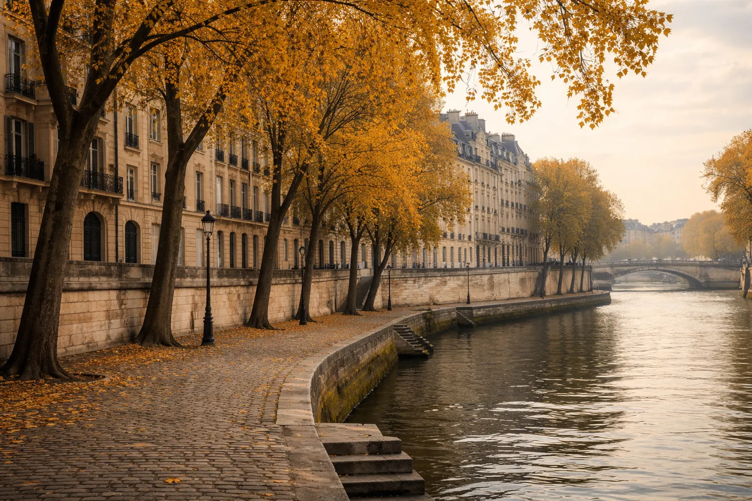 Quai de pierre de l'île Saint-Louis à Paris en automne, arbres jaunes et façades claires au bord de la Seine