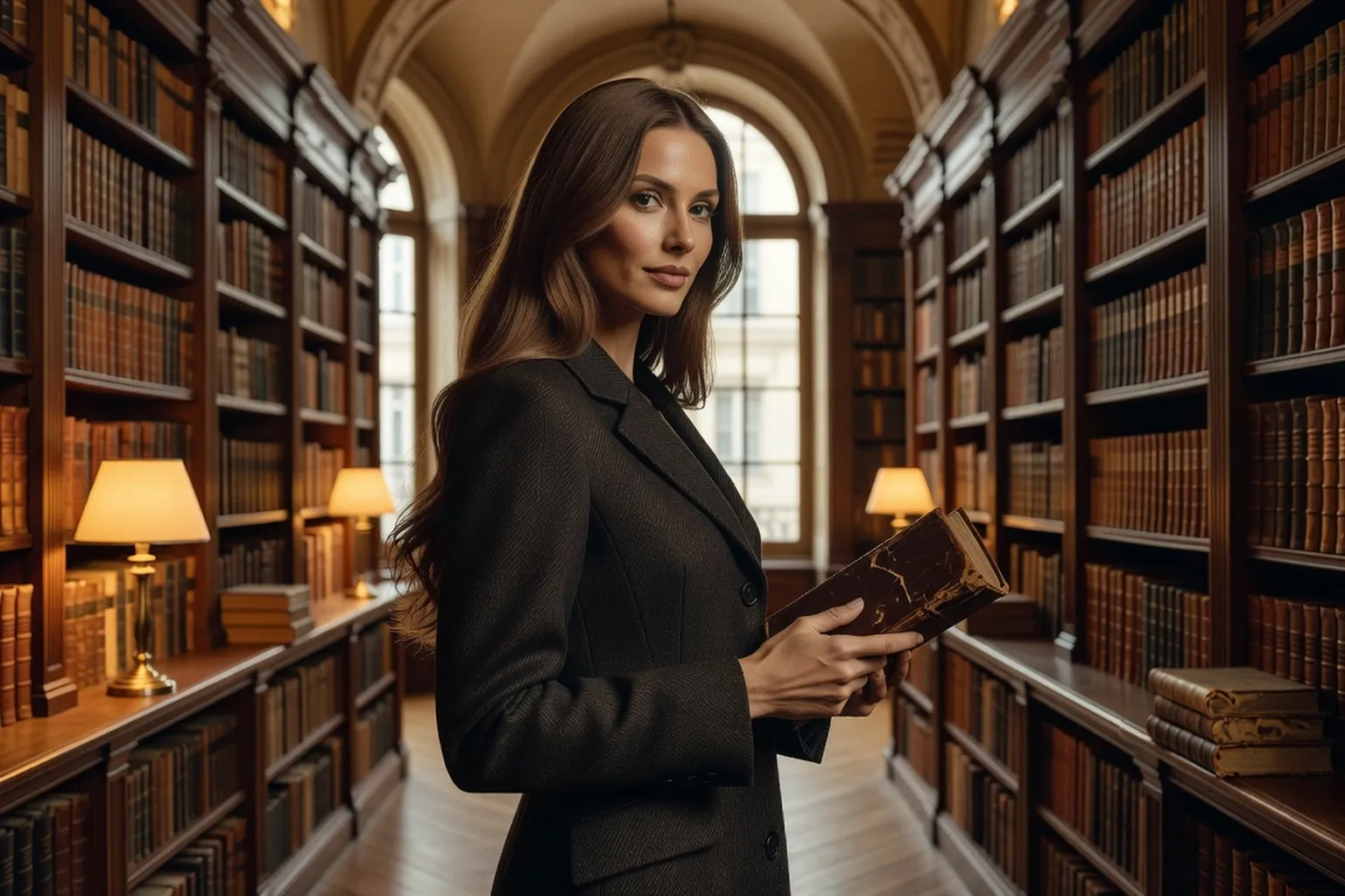 Jeune femme élégante devant les rayonnages d'une bibliothèque patrimoniale parisienne, un livre ancien entre les mains