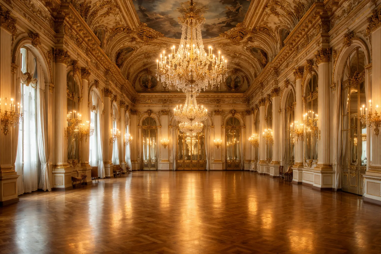 Grand salon de bal d'un palais viennois du XIXe siècle, lustres allumés et parquet ciré, sans personne