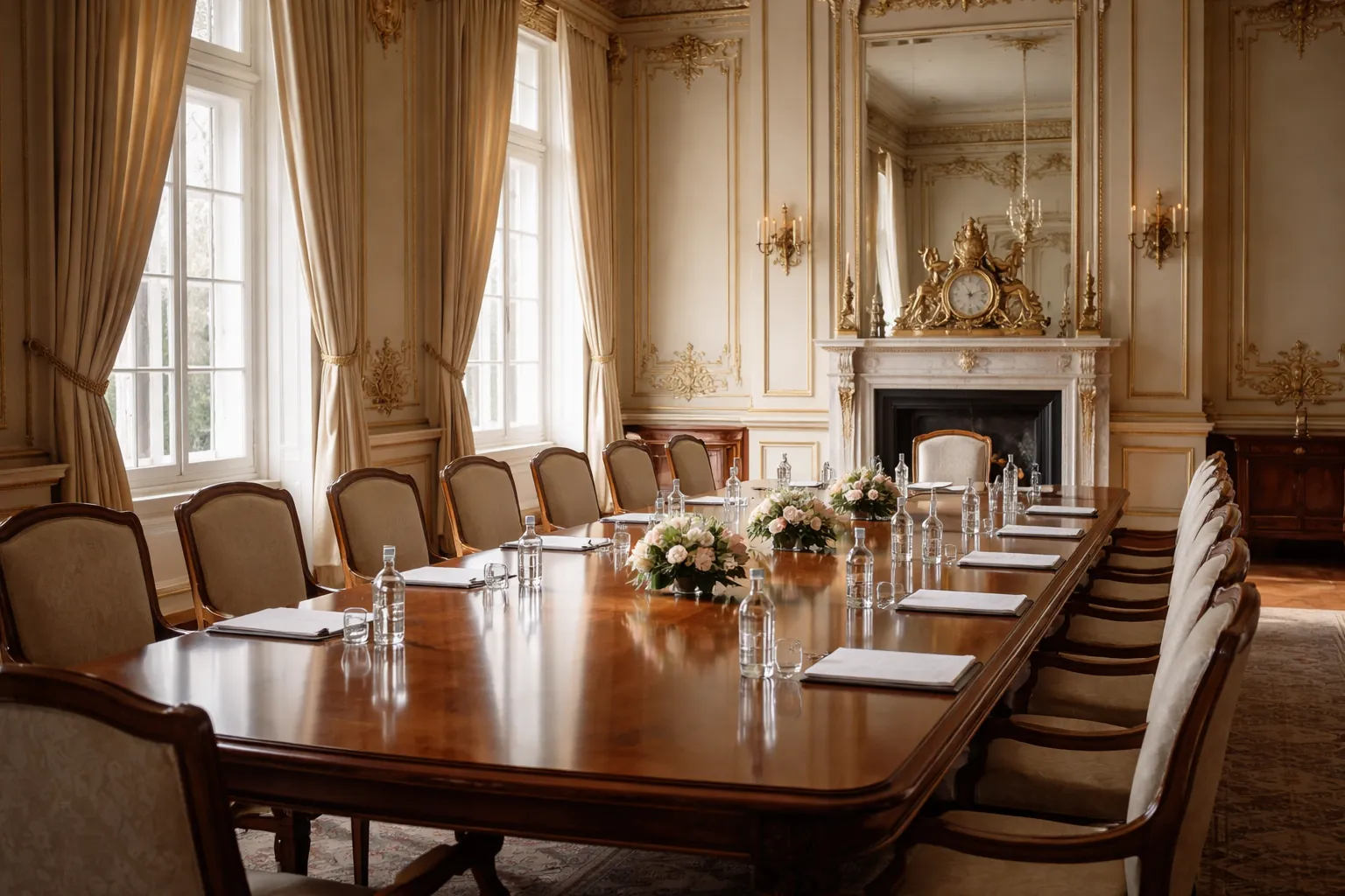 Salon officiel aux hautes fenêtres et à la pendule dorée sur la cheminée, longue table de réunion vide