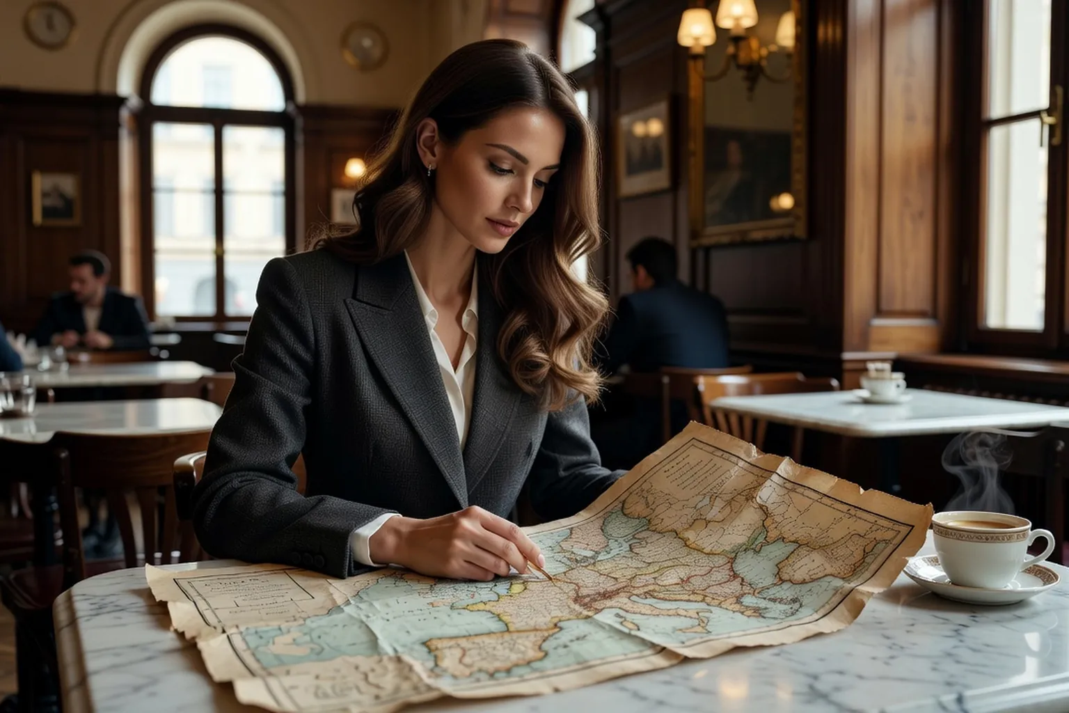 Une jeune femme étudie une grande carte ancienne de l'Europe étalée sur une table de café viennois