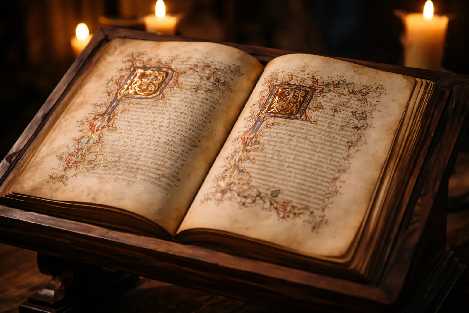 Manuscrit médiéval ouvert sur un lutrin, avec lettrines rouges et dorées et écriture ornementale éclairée par des bougies