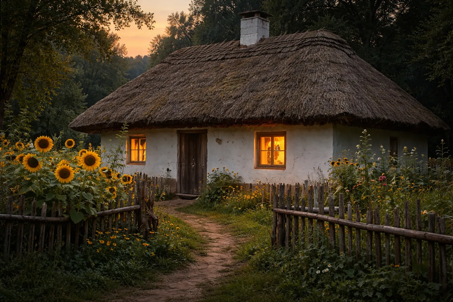 Chaumière blanche au toit de chaume dans un village de campagne ukrainienne au crépuscule
