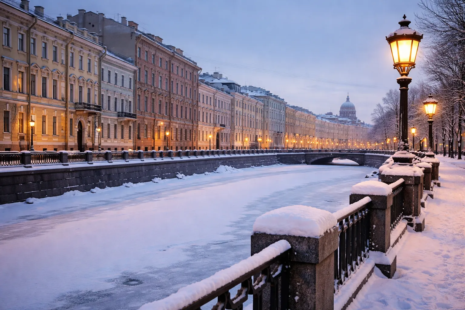 Perspective d'un quai de Saint-Pétersbourg sous la neige, façades néoclassiques et réverbères