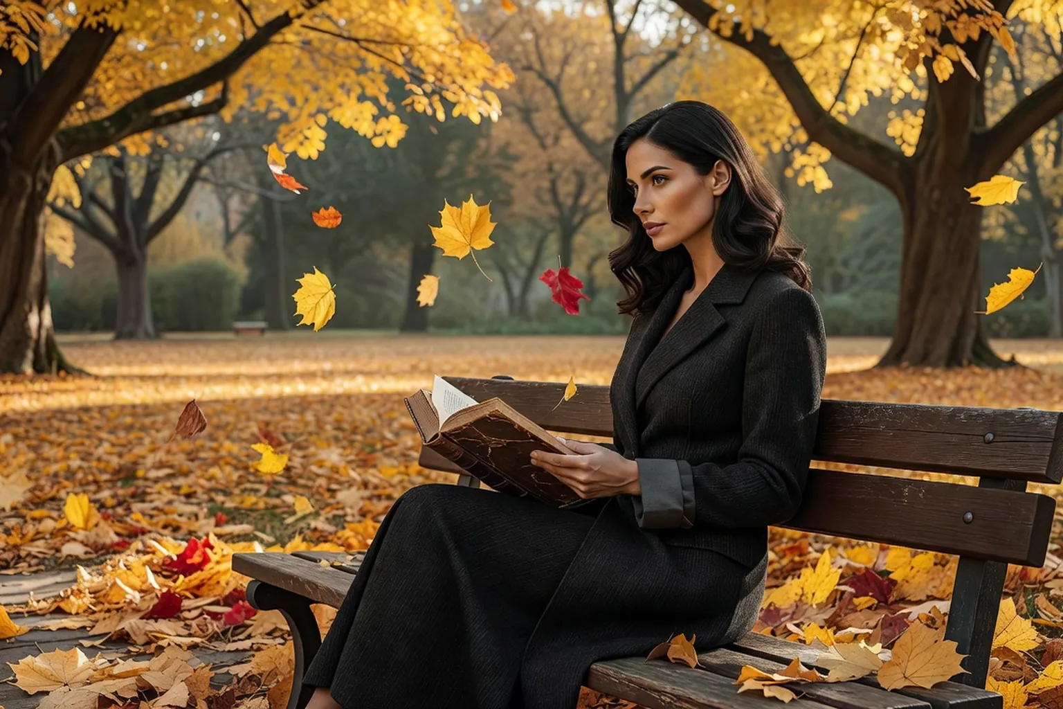 Lectrice en manteau sombre feuilletant un volume ancien des Âmes mortes sur un banc d'une allée de parc en automne