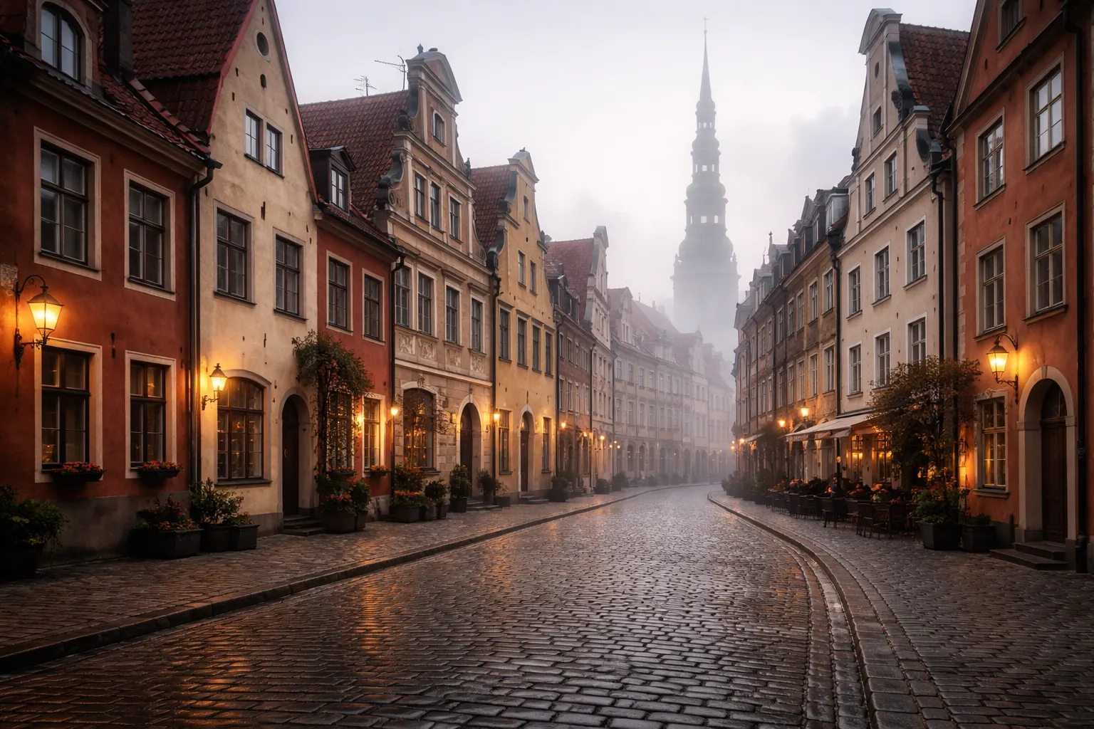 Rue pavée et maisons à pignons de la vieille ville de Riga dans la brume, lanternes allumées