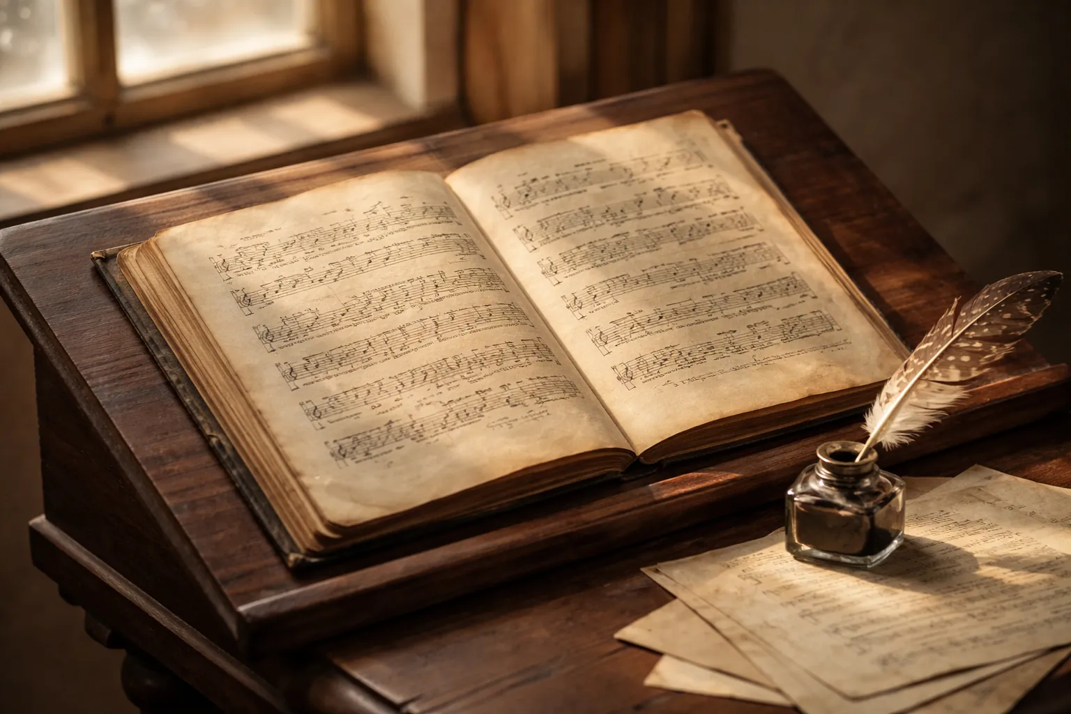 Manuscrit ancien de chants populaires ouvert sur un pupitre, avec une plume posée à côté
