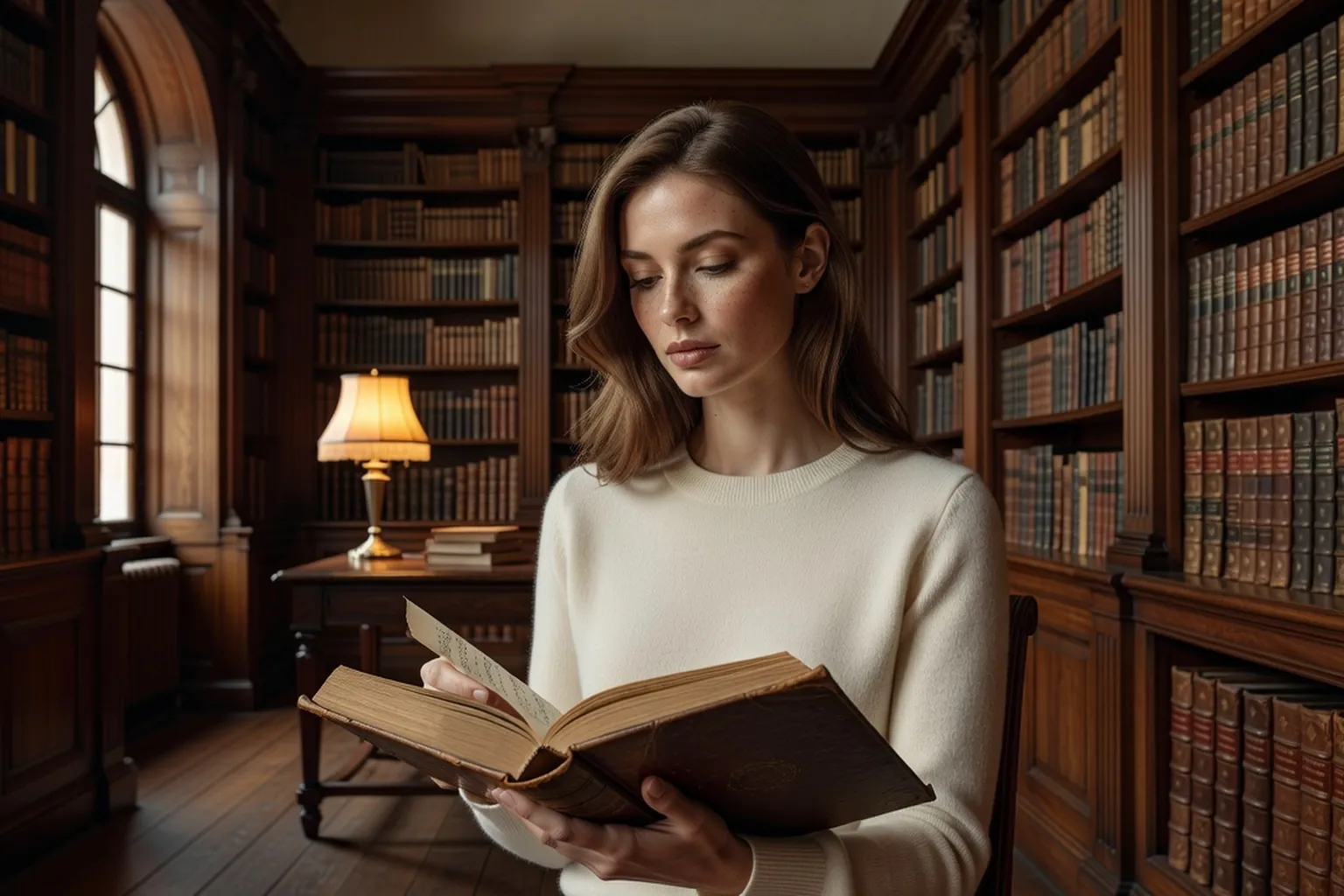 Une lectrice feuillette un recueil ancien dans une bibliothèque aux boiseries sombres