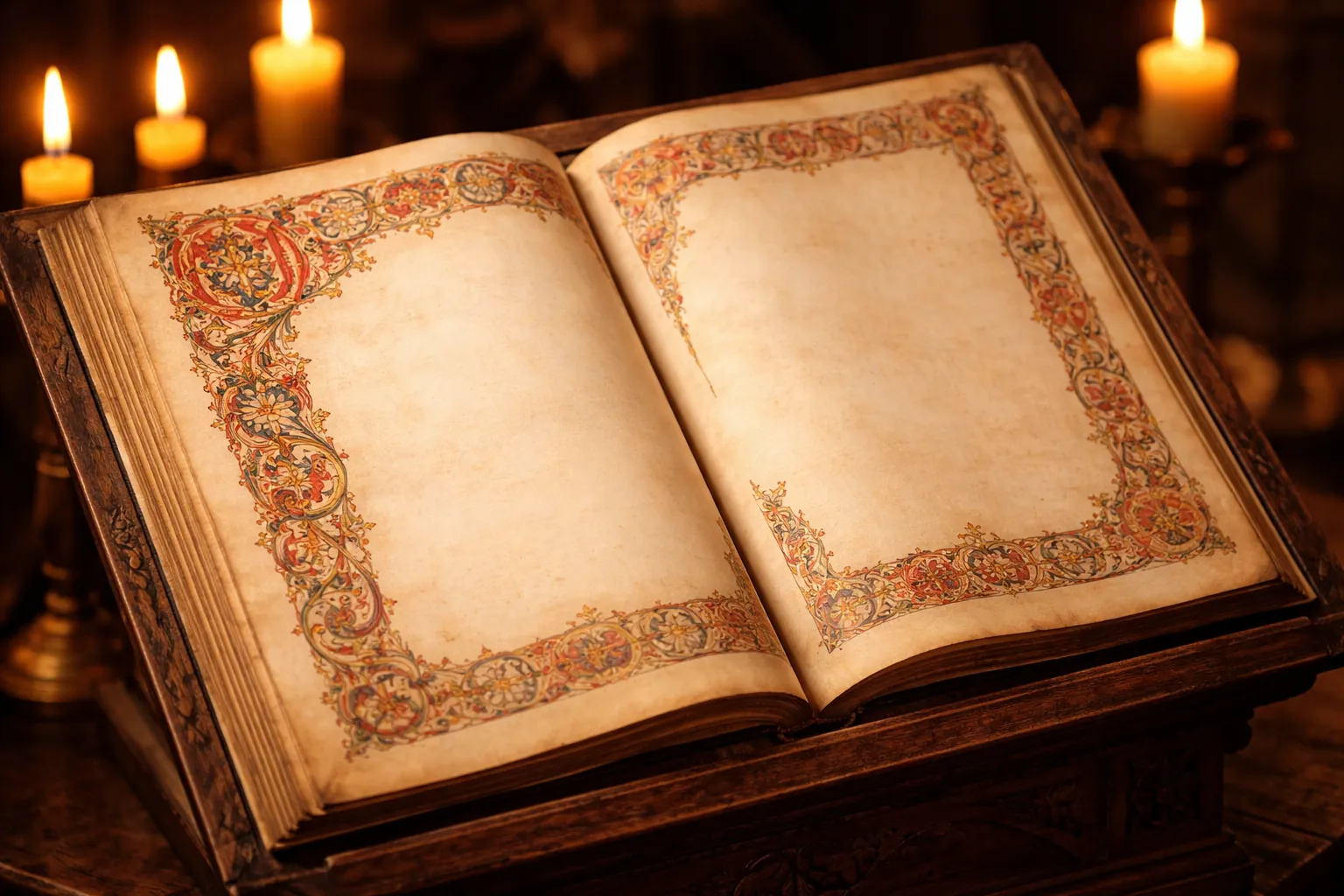 Manuscrit médiéval aux bordures enluminées, ouvert sur un pupitre en bois à la lueur des bougies