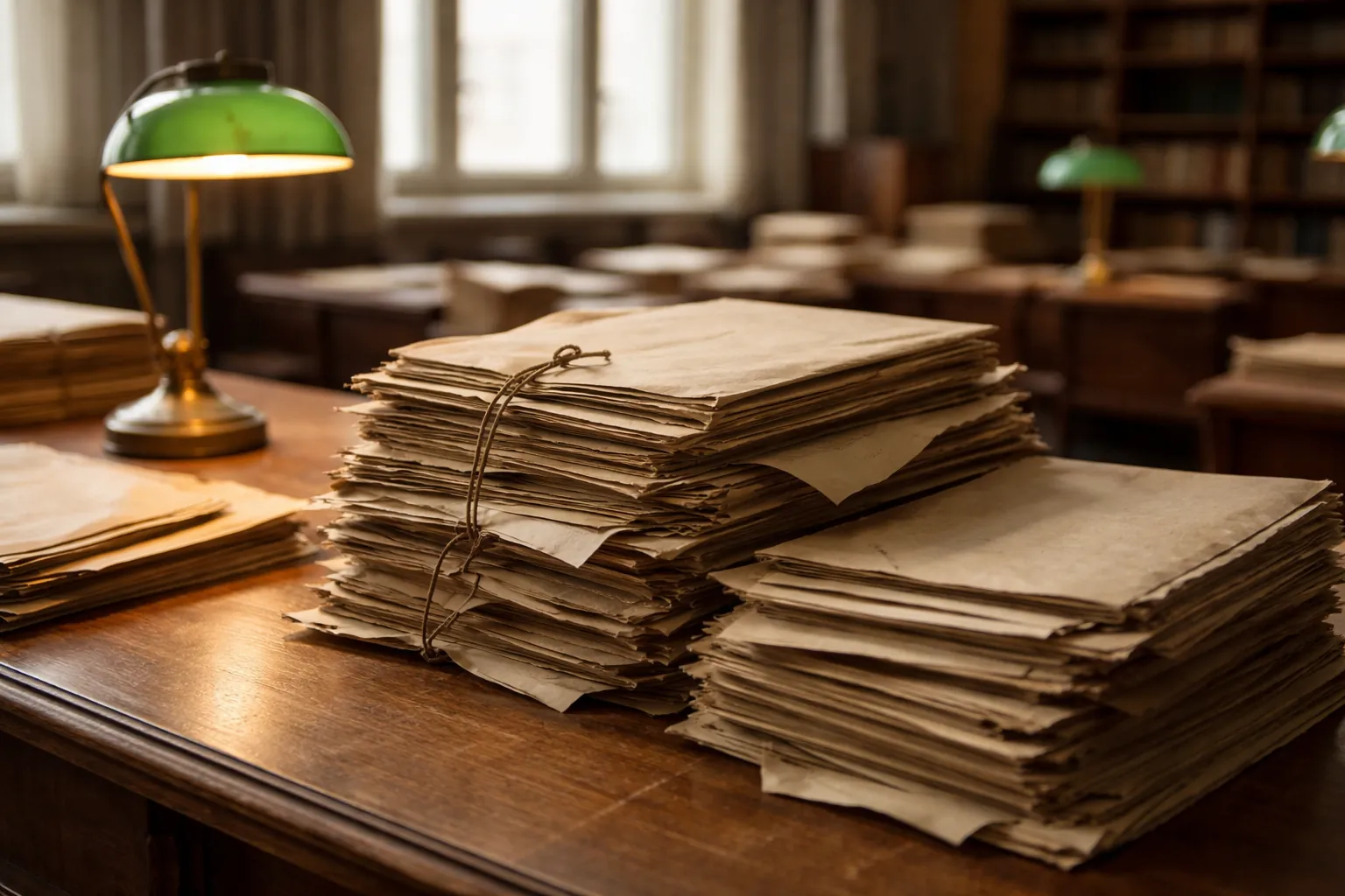 Piles de documents anciens sur une table d'archives éclairée par une lampe verte