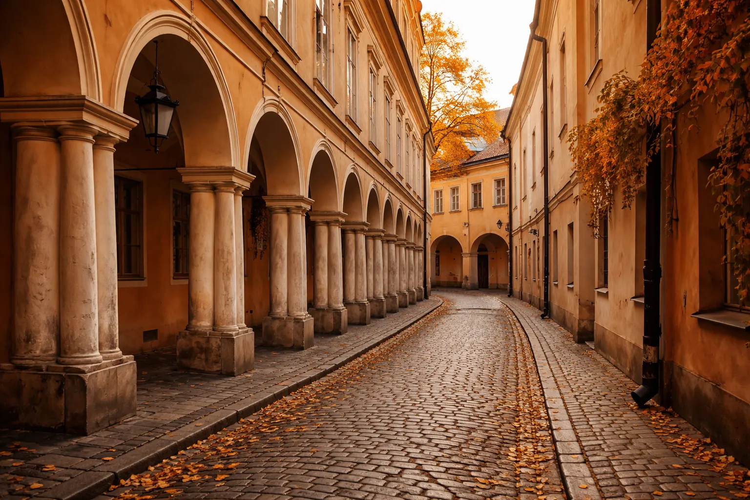Ruelle pavée de la vieille ville de Vilnius bordée d'arcades universitaires aux murs ocre, feuilles d'automne au sol