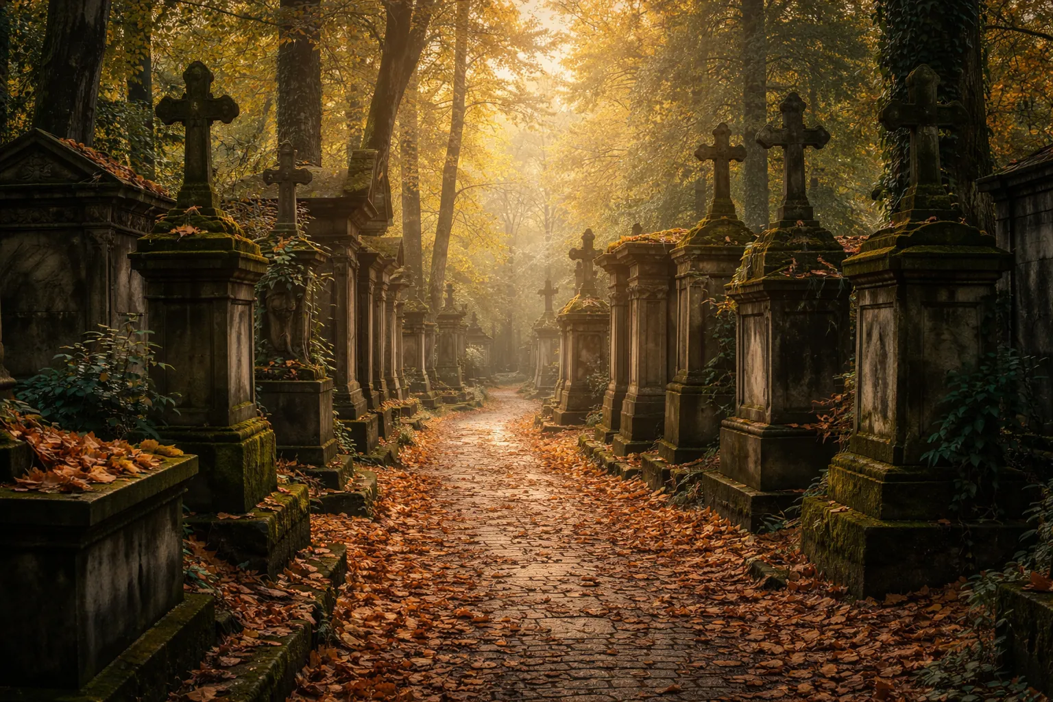 Allée pavée d'un ancien cimetière d'Europe centrale entre des tombes de pierre moussues, feuilles d'automne