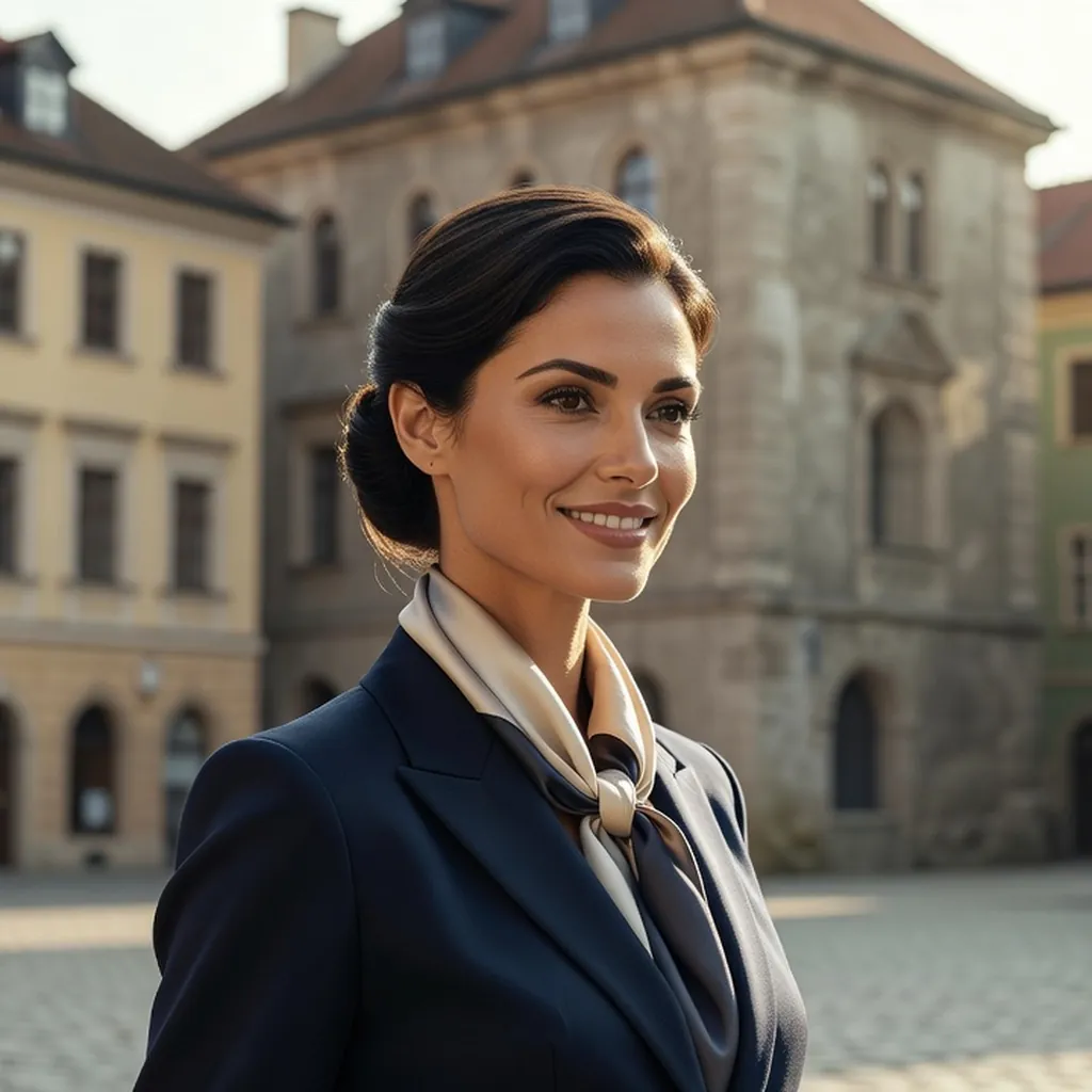Portrait d'une guide-conférencière souriante et élégante sur une place de vieille ville d'Europe centrale