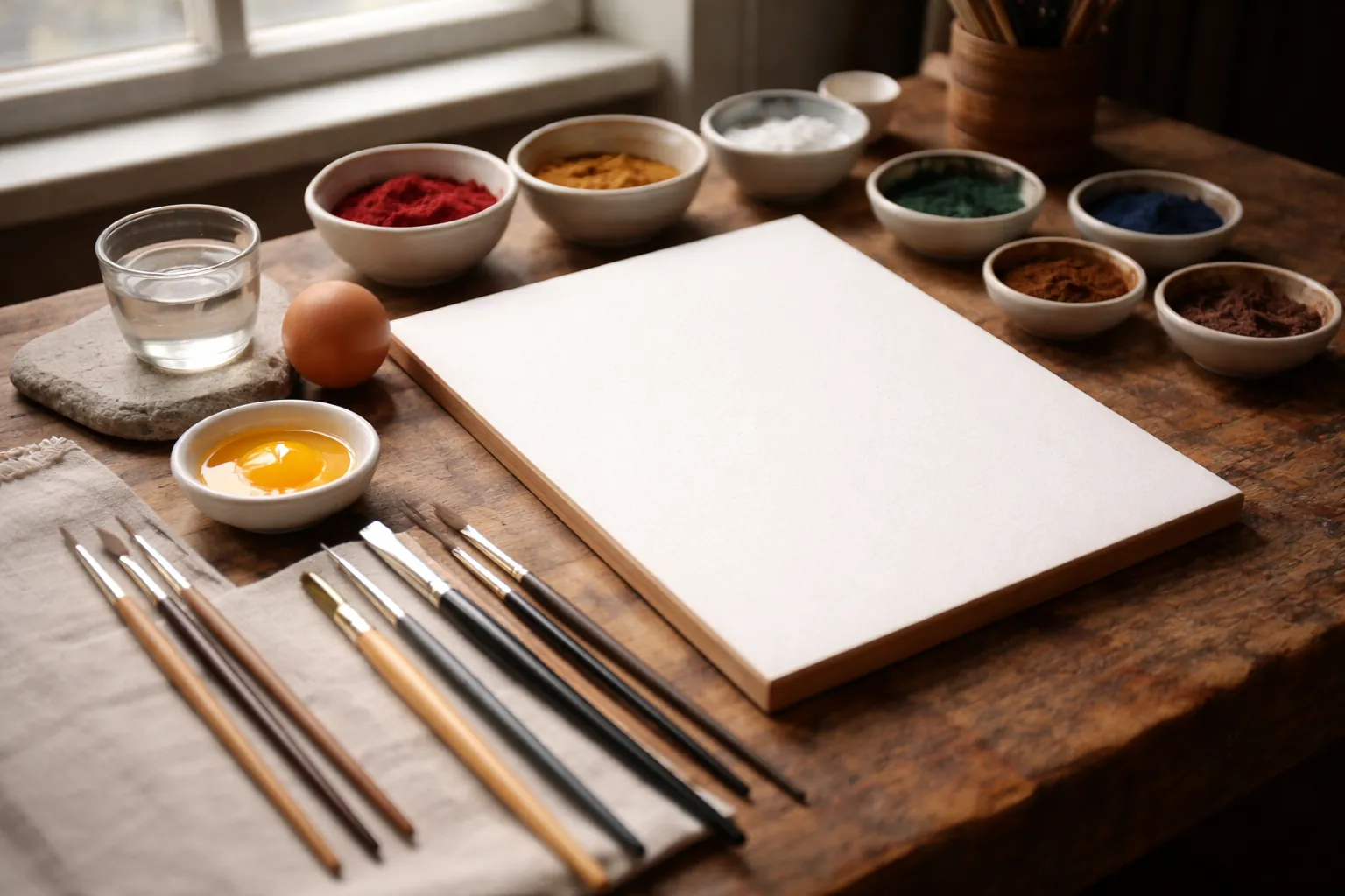 Établi d'iconographe : panneau de bois enduit de blanc, pinceaux, pigments minéraux, œuf et jaune d'œuf