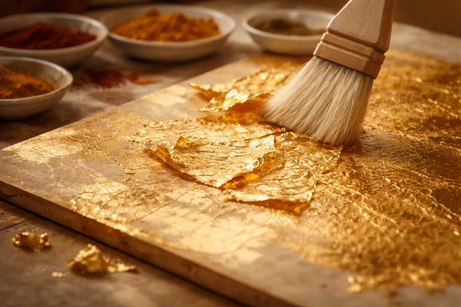 Feuille d'or posée au pinceau sur un panneau préparé, avec des coupelles de pigments en arrière-plan