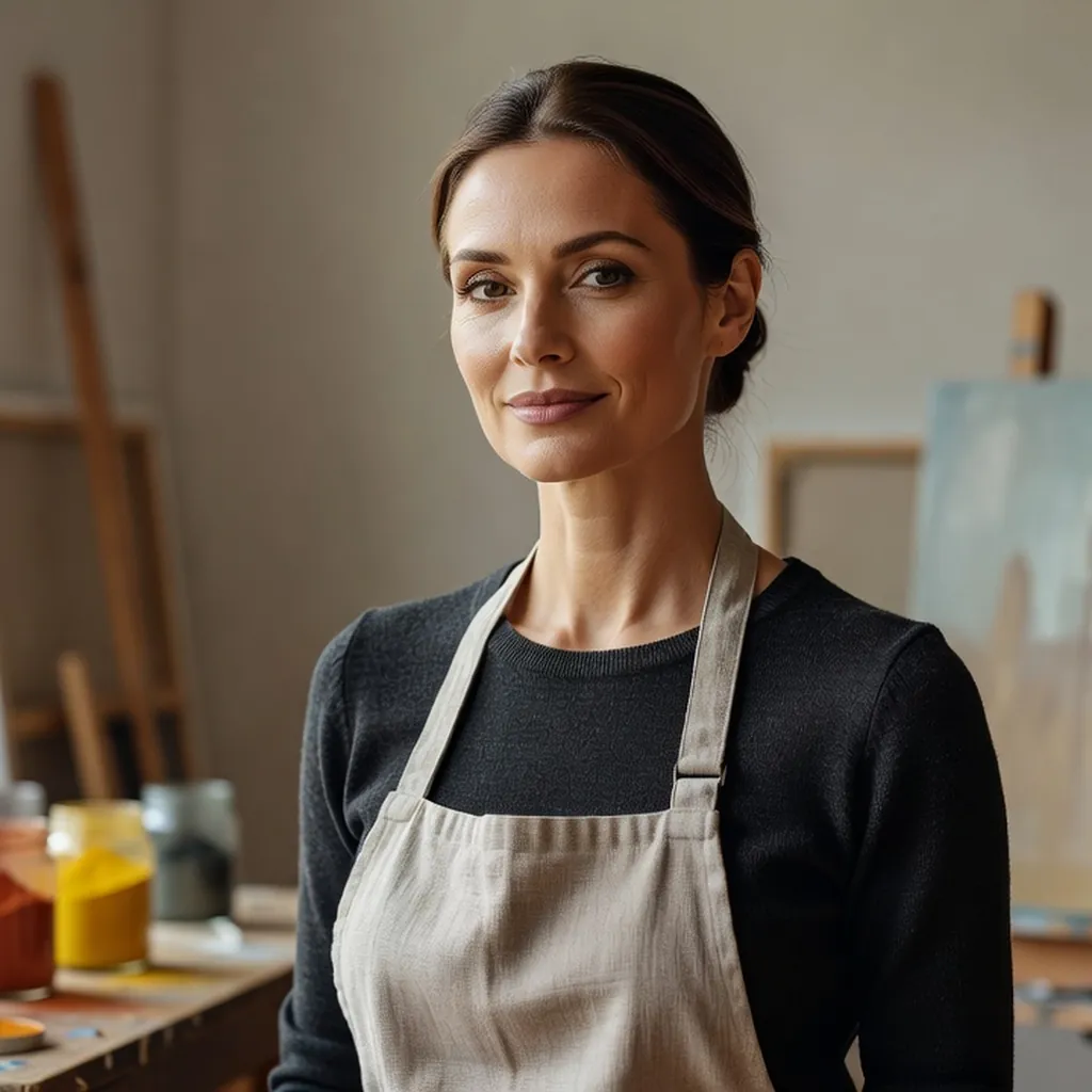 Portrait d'une historienne de l'art devant une icône dans un atelier