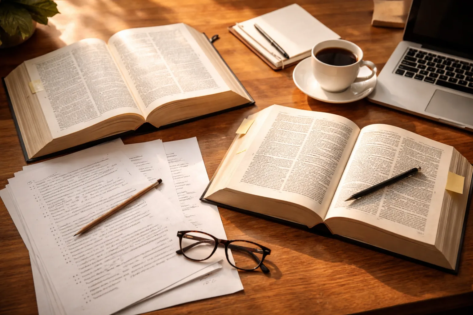 Table de travail d'une traductrice : dictionnaires ouverts, feuillets annotés au crayon, lunettes, tasse de café et ordinateur