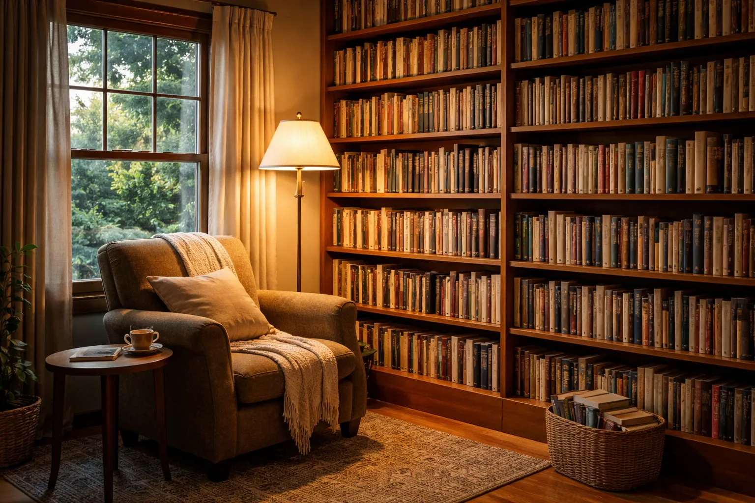 Grande bibliothèque murale remplie de livres, fauteuil de lecture, lampadaire et fenêtre ouverte sur un jardin