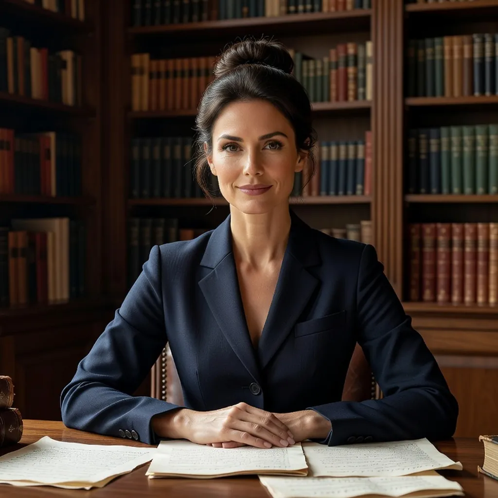 Portrait d'une traductrice à son bureau, dictionnaires et livres ouverts, lumière douce