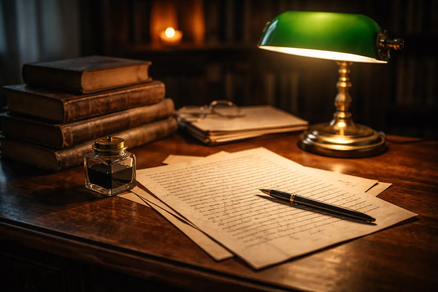 Bureau ancien en bois avec un manuscrit, une plume et une lampe allumée