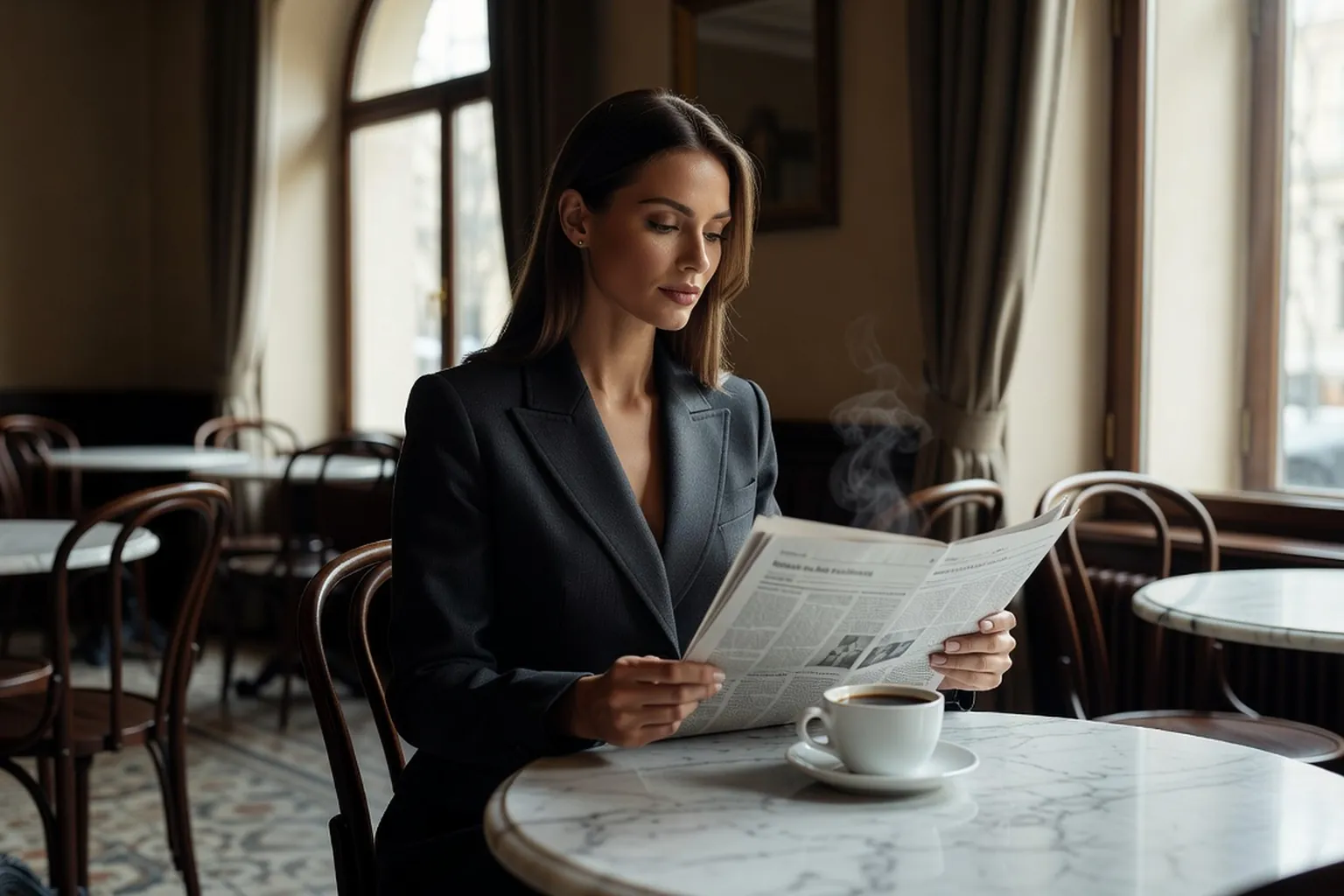 Femme lisant un journal à une table de marbre dans un café d'Europe centrale, une tasse devant elle