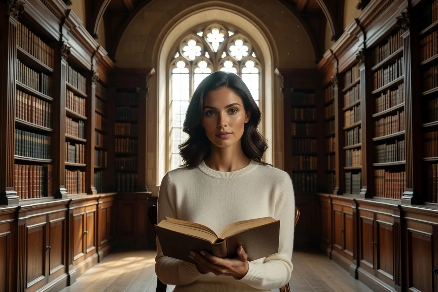Lectrice dans une bibliothèque ancienne, un livre ouvert devant une haute fenêtre