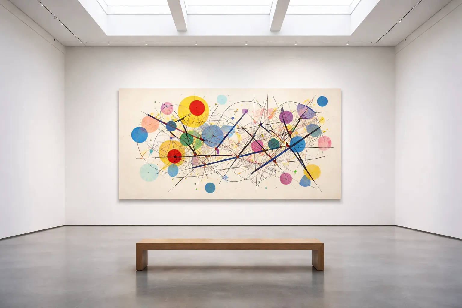 Salle de musée lumineuse avec une grande toile abstraite de cercles colorés et de lignes fines, banc de bois au premier plan