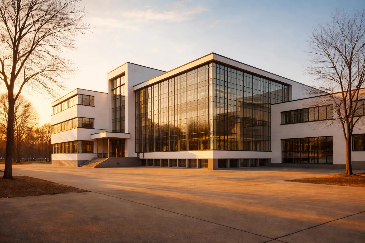Bâtiment moderniste aux grandes façades vitrées et aux volumes blancs, photographié au coucher du soleil