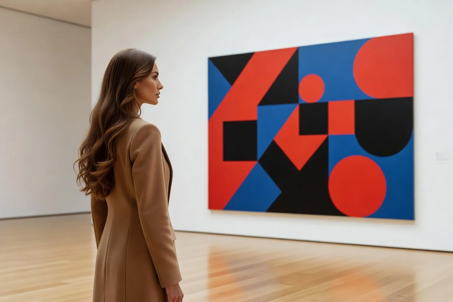 Visiteuse élégante devant une grande toile abstraite géométrique dans une salle de musée