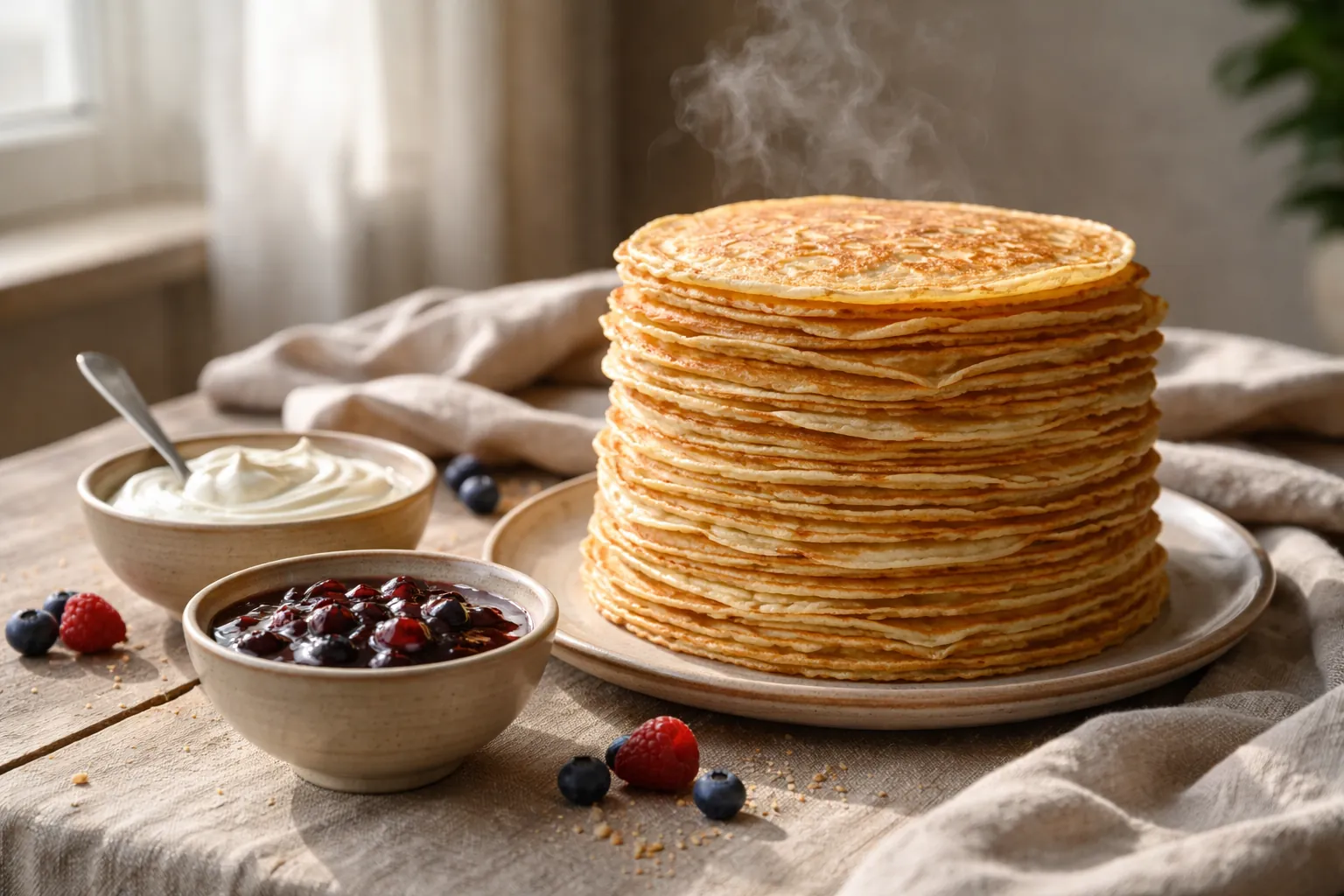 Pile de blinis dorés avec crème fraîche et confiture de baies sur une table en bois.