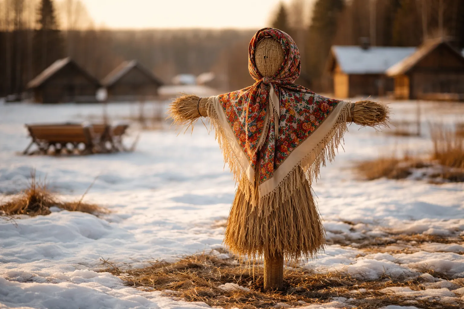 Mannequin de paille coiffé d'un foulard fleuri dans un champ enneigé, devant des maisons de bois.