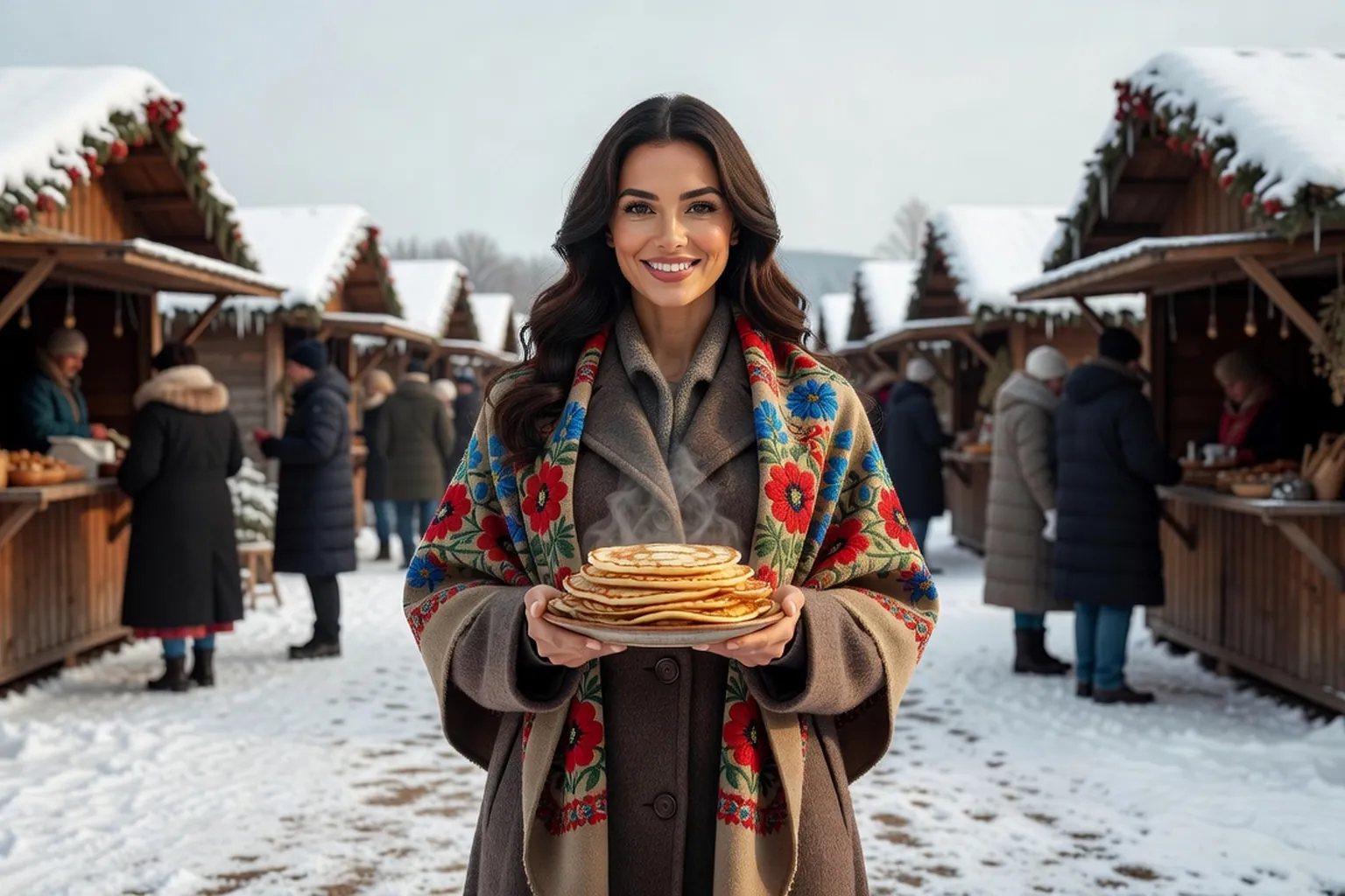 Femme en foulard coloré tenant une pile de blinis lors d'une fête d'hiver en plein air