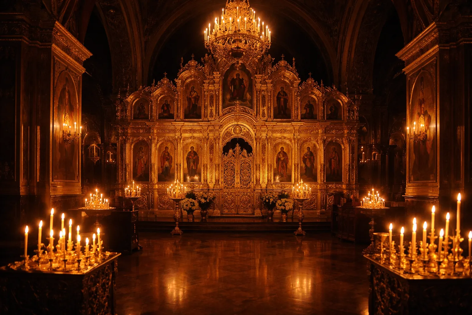 Intérieur d'une église orthodoxe aux murs dorés, iconostase éclairée par des cierges pendant une liturgie nocturne