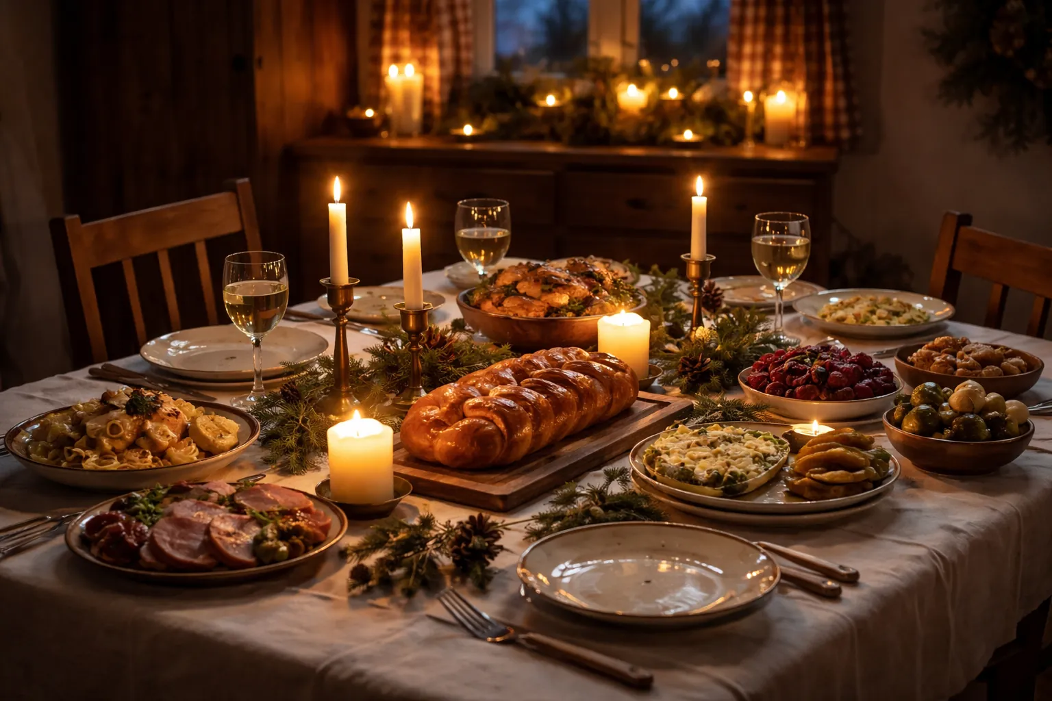 Table de fête nocturne dans une maison de campagne, bougies, pain tressé et plats traditionnels disposés sur une nappe blanche