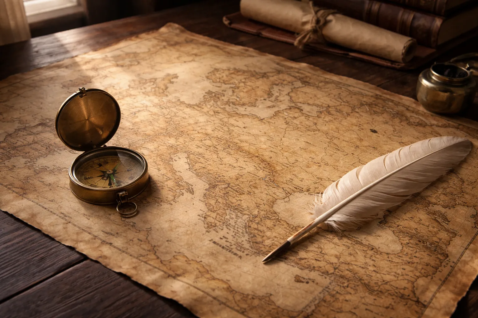 Carte ancienne d'Europe orientale posée sur un bureau, avec une boussole en laiton et une plume d'oie
