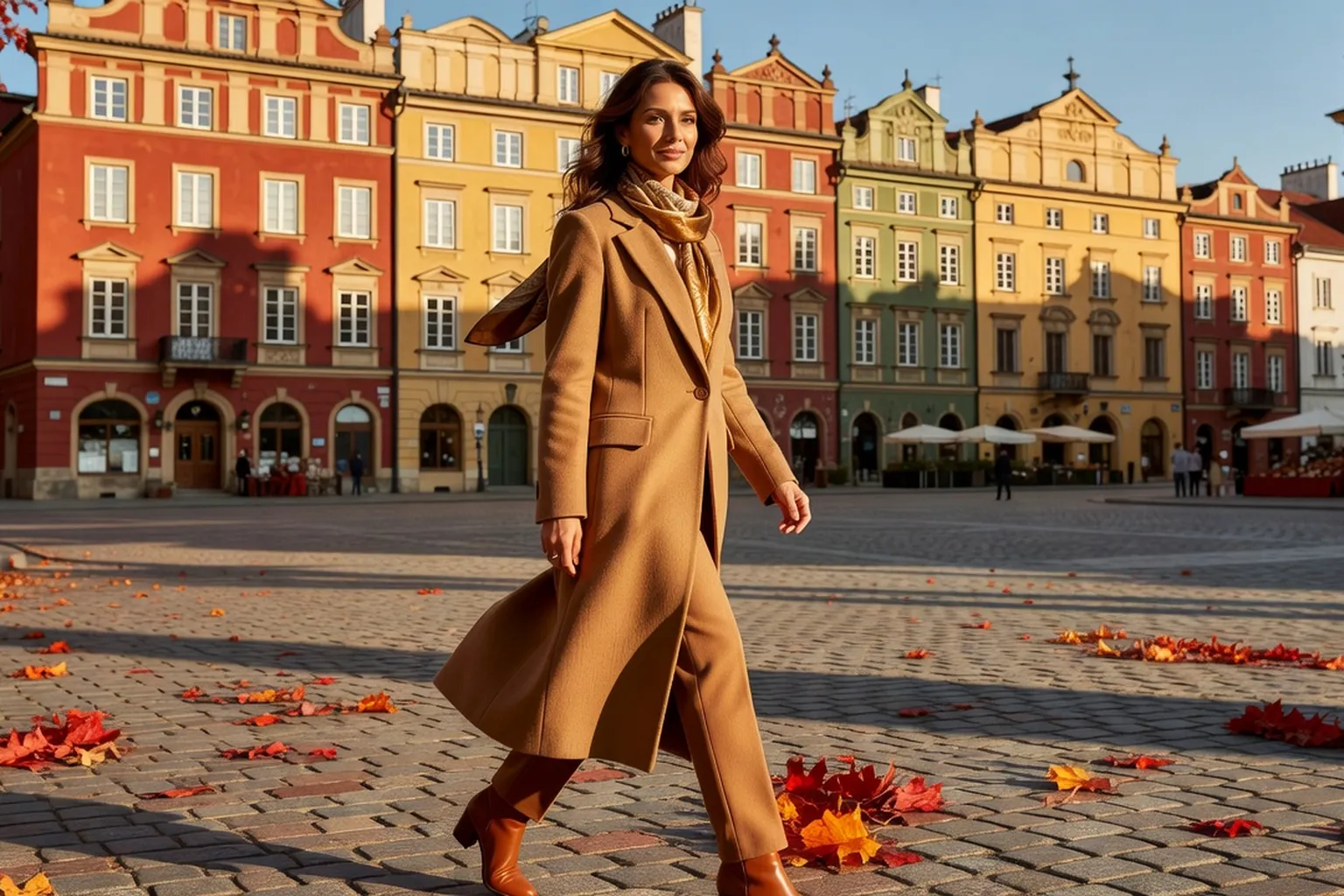 Femme en manteau camel traversant la place d'une vieille ville polonaise bordée de maisons colorées à l'automne