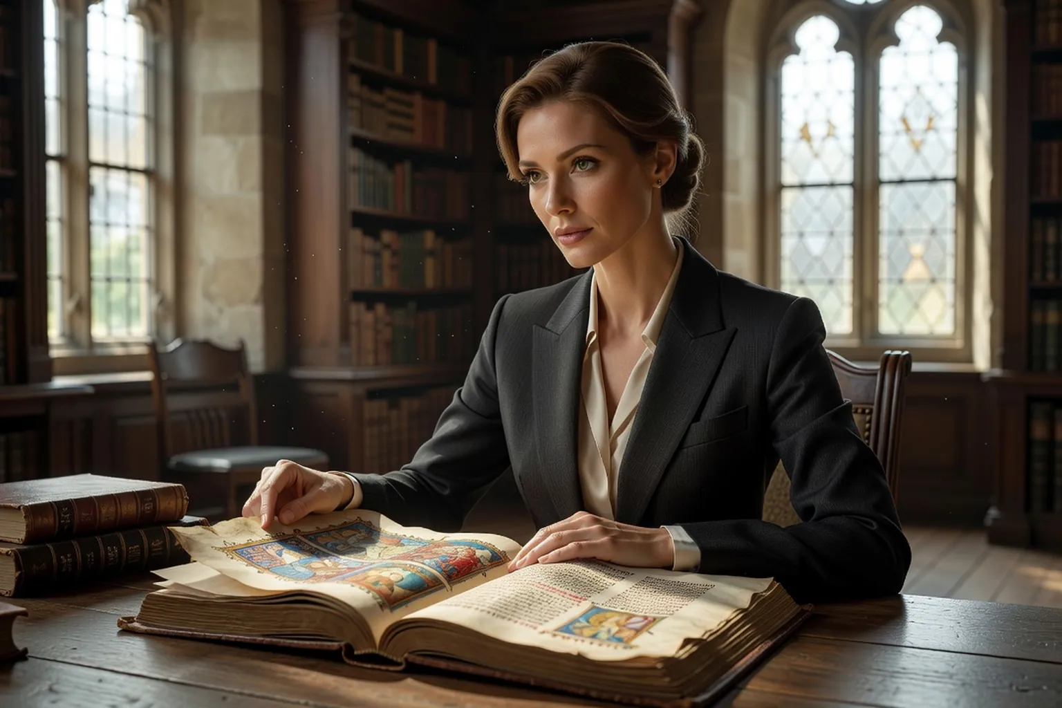 Une historienne examine un manuscrit médiéval enluminé sur une table de bibliothèque, dans une lumière douce de fin de journée